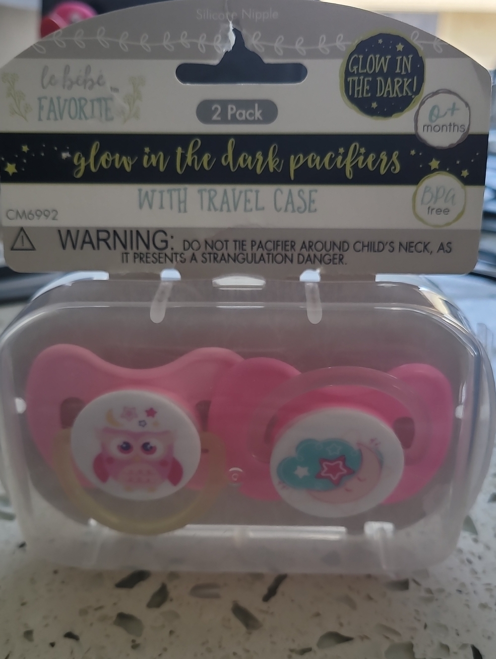 Glow-in-the-Dark Pink Pacifier 2-Pack with Travel Case